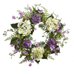 24” Artificial Hydrangea & Berry Wreath Lively Greens And Purple