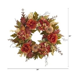 24” Peony, Hydrangea And Pumpkin Fall Artificial Wreath -Artificial Trees Store artificial 24 peony hydrangea and pumpkin fall artificial wreath nearly natural 523411
