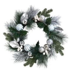 24” Pinecones And Berries Christmas Artificial Wreath With Silver Ornaments
