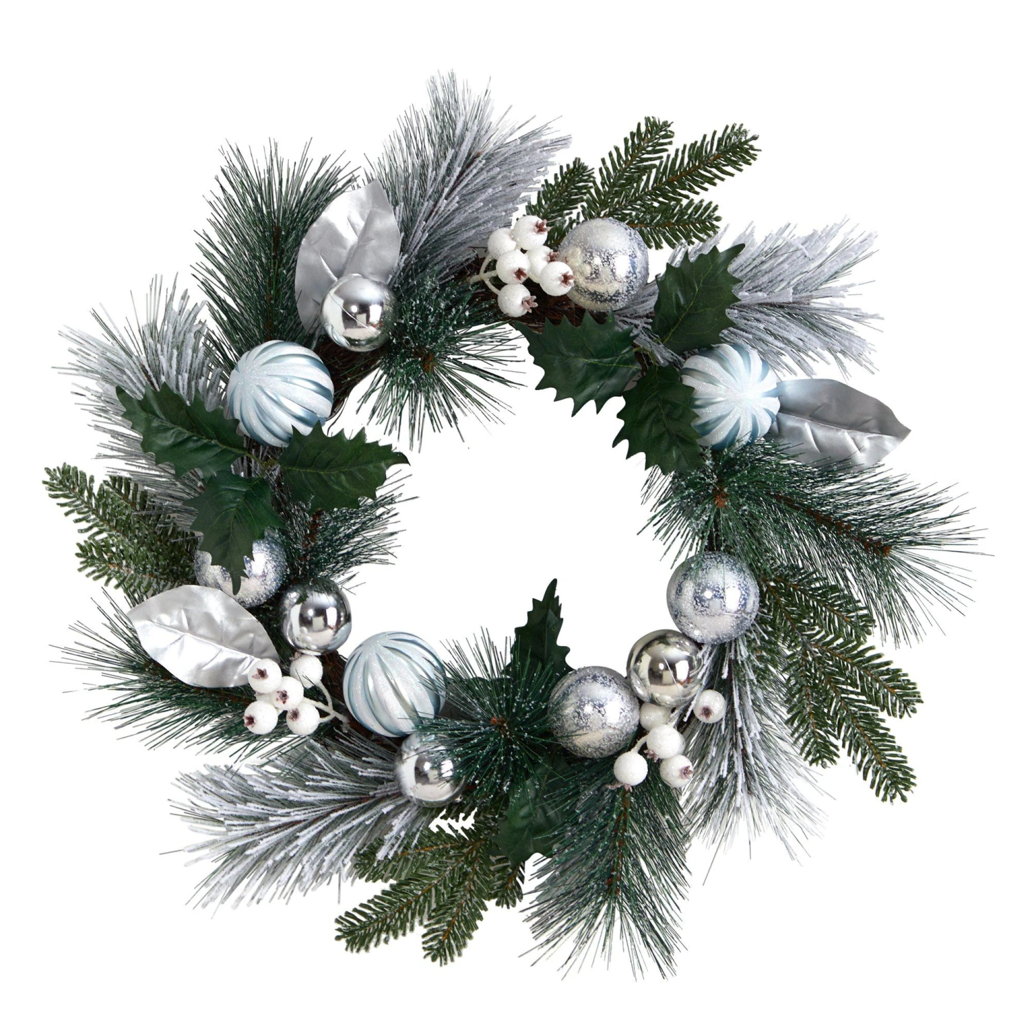 24” Pinecones And Berries Christmas Artificial Wreath With Silver Ornaments 1 24” Pinecones And Berries Christmas Artificial Wreath With Silver Ornaments
