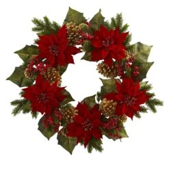24” Poinsettia, Berry And Golden Pine Cone Artificial Wreath