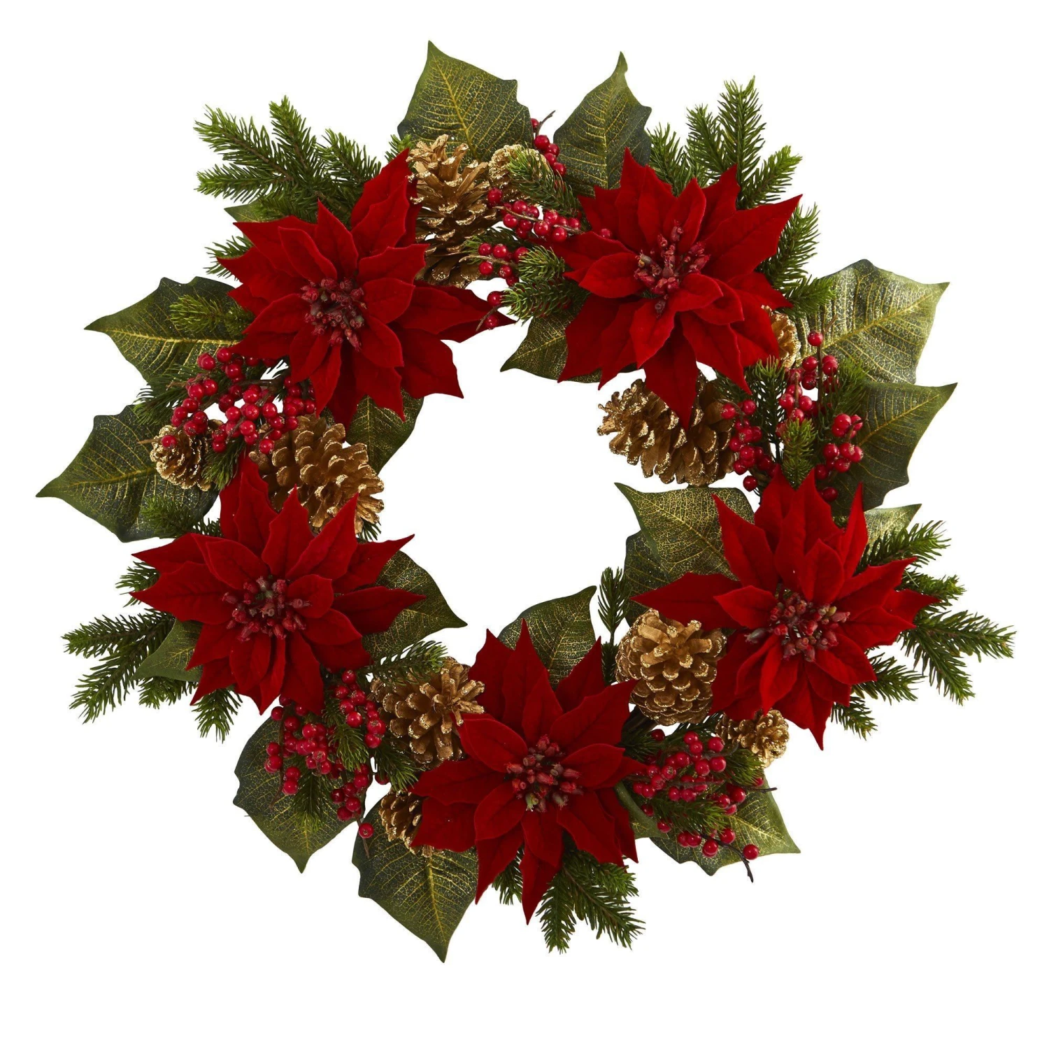 24” Poinsettia, Berry And Golden Pine Cone Artificial Wreath 1 24” Poinsettia, Berry And Golden Pine Cone Artificial Wreath