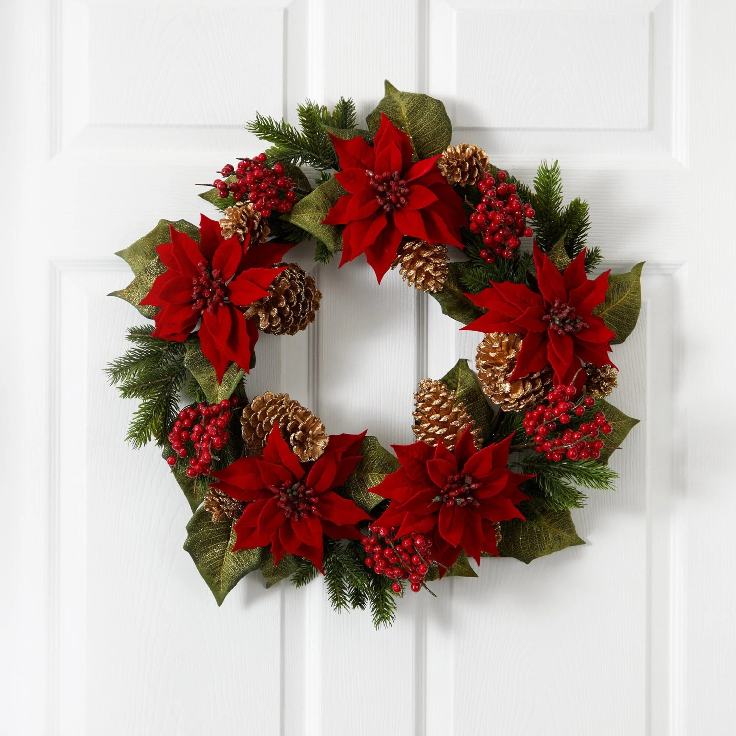 24” Poinsettia, Berry And Golden Pine Cone Artificial Wreath 2 24” Poinsettia, Berry And Golden Pine Cone Artificial Wreath - Image 2