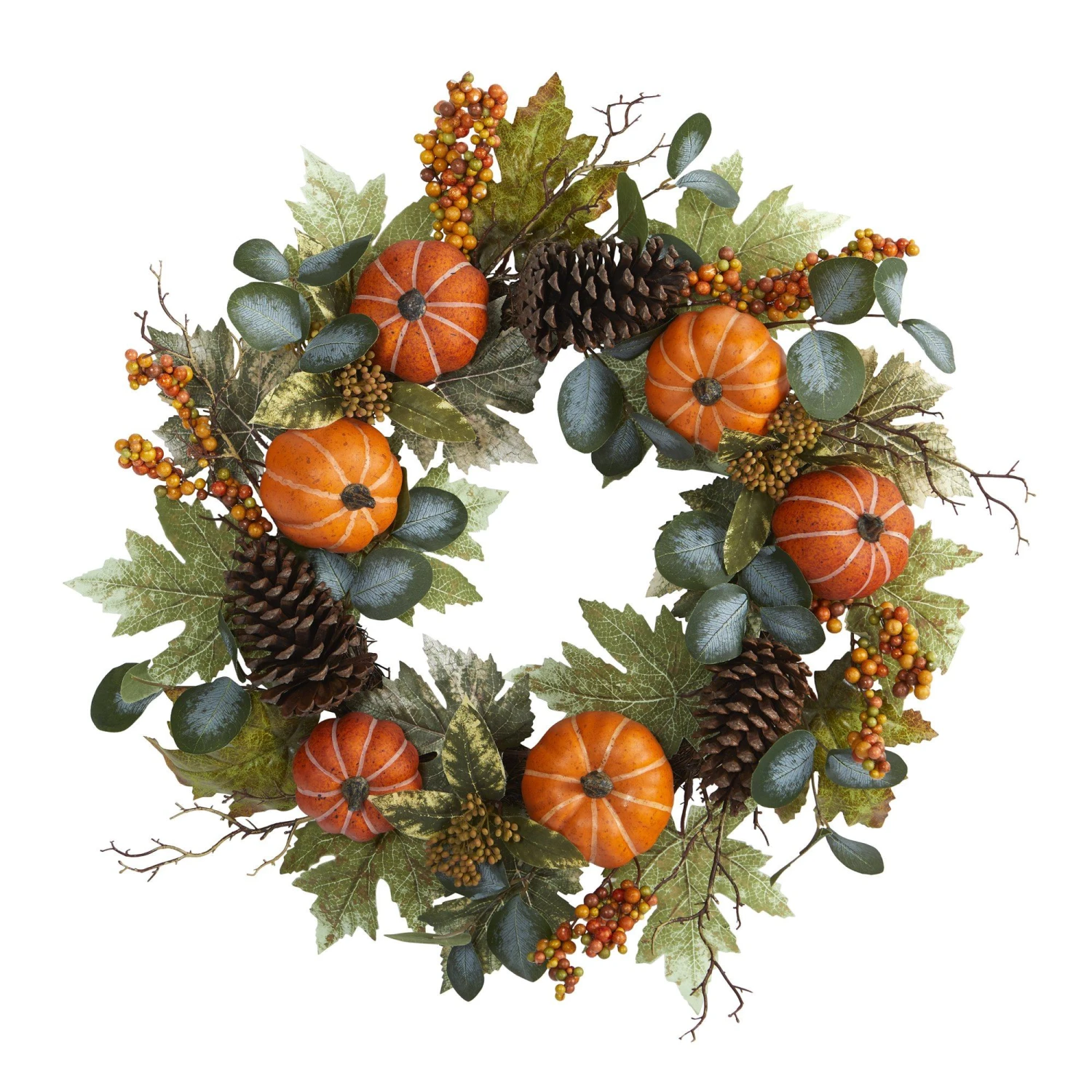 24” Pumpkins, Pine Cones And Berries Fall Artificial Wreath 1 24” Pumpkins, Pine Cones And Berries Fall Artificial Wreath