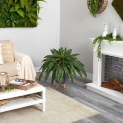 2.5’ Boston Fern Artificial Plant In Gray Planter With Stand -Artificial Trees Store artificial 25 boston fern artificial plant in gray planter with stand nearly natural 109336