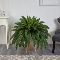 2.5’ Boston Fern Artificial Plant In White Planter With Legs -Artificial Trees Store artificial 25 boston fern artificial plant in white planter with legs nearly natural 929997