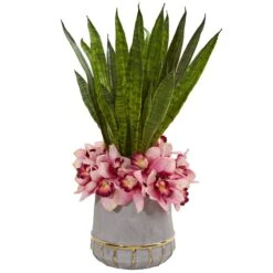 25” Cymbidium Orchid And Sansevieria Artificial Arrangement In Vase