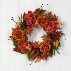 25” Fall Ranunculus, Hydrangea And Berries Autumn Artificial Wreath -Artificial Trees Store artificial 25 fall ranunculus hydrangea and berries autumn artificial wreath nearly natural 324810