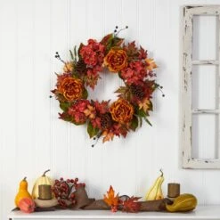 25” Fall Ranunculus, Hydrangea And Berries Autumn Artificial Wreath -Artificial Trees Store artificial 25 fall ranunculus hydrangea and berries autumn artificial wreath nearly natural 717524
