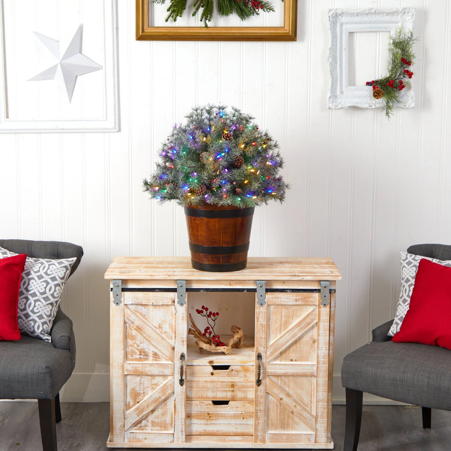 26” Flocked Shrub With Pinecones, 150 Multicolored LED Lights And 280 Branches In Planter 6 26” Flocked Shrub With Pinecones, 150 Multicolored LED Lights And 280 Branches In Planter - Image 6