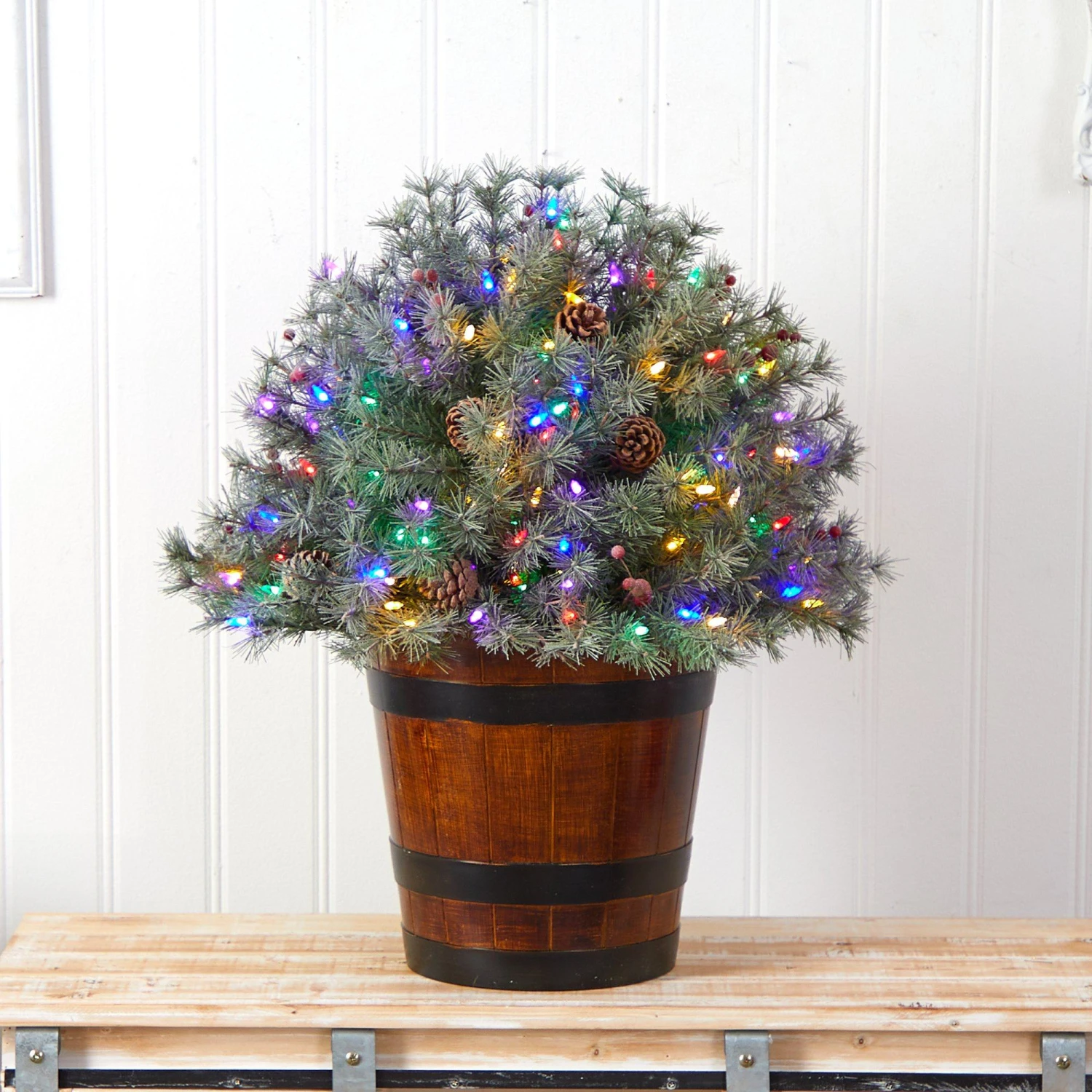 26” Flocked Shrub With Pinecones, 150 Multicolored LED Lights And 280 Branches In Planter 4 26” Flocked Shrub With Pinecones, 150 Multicolored LED Lights And 280 Branches In Planter - Image 4