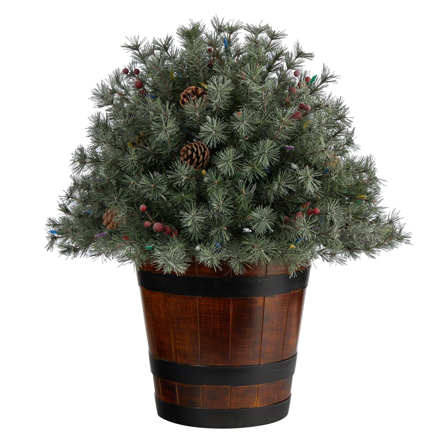 26” Flocked Shrub With Pinecones, 150 Multicolored LED Lights And 280 Branches In Planter 3 26” Flocked Shrub With Pinecones, 150 Multicolored LED Lights And 280 Branches In Planter - Image 3