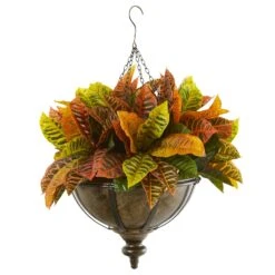 26” Garden Croton Artificial Plant In Hanging Metal Bowl (Real Touch)