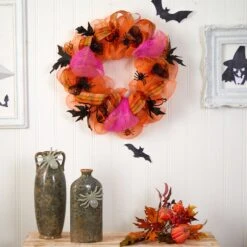 26" Halloween Spider Mesh Wreath" 6 26" Halloween Spider Mesh Wreath" -Artificial Trees Store artificial 26 halloween spider mesh wreath nearly natural 958985