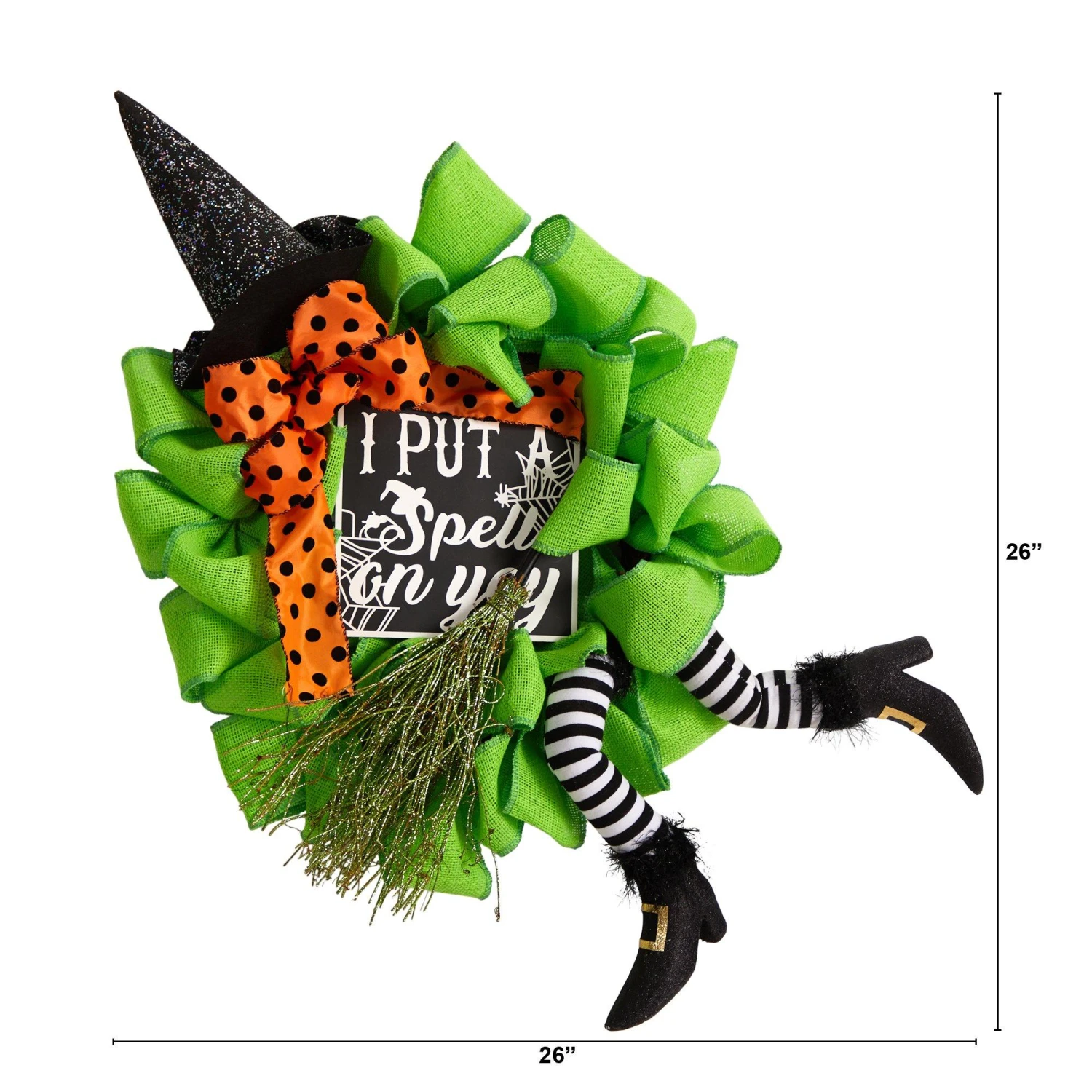 26" Halloween Witch Broom And Hat Mesh Wreath" 2 26" Halloween Witch Broom And Hat Mesh Wreath" - Image 2