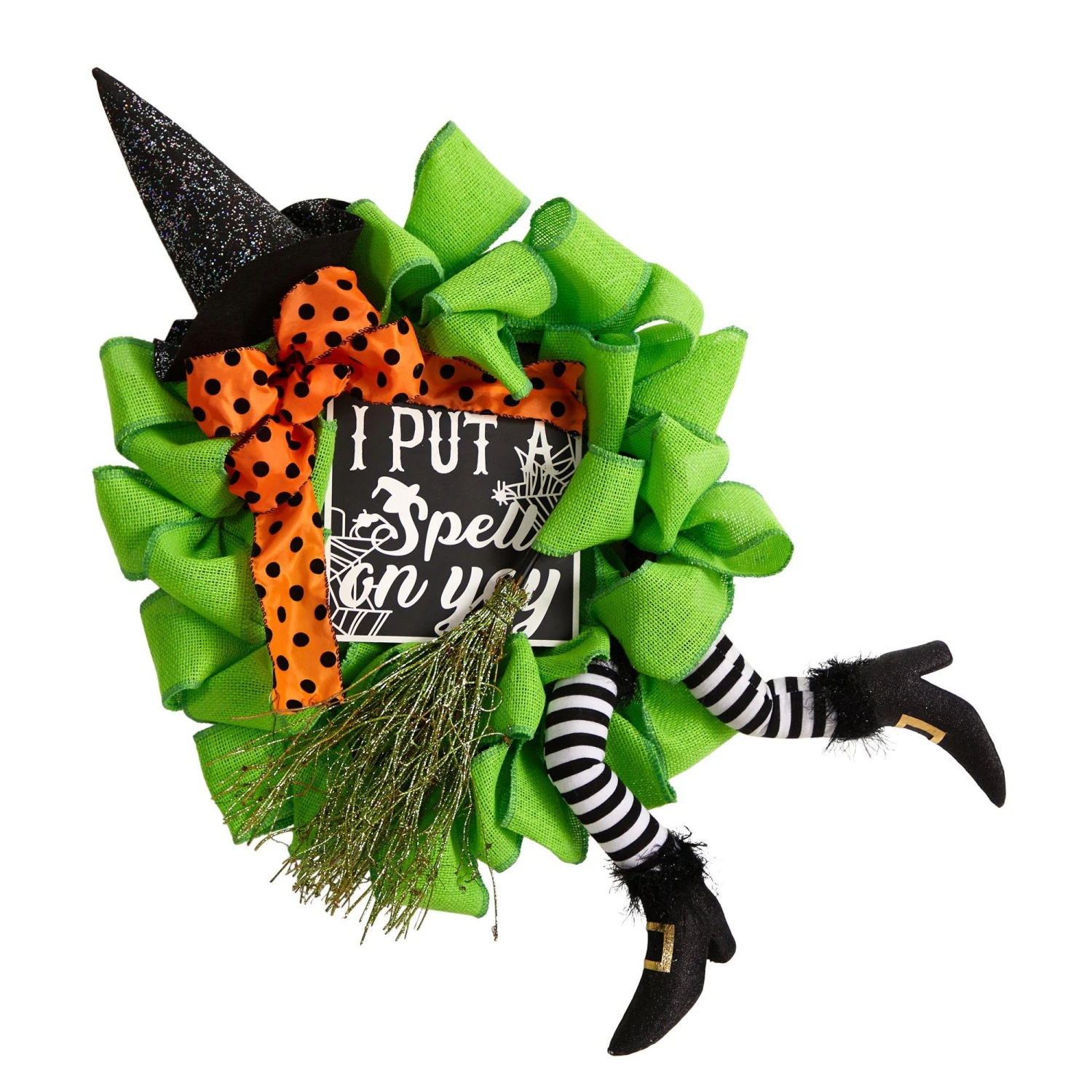 26" Halloween Witch Broom And Hat Mesh Wreath" 1 26" Halloween Witch Broom And Hat Mesh Wreath"