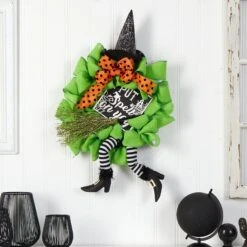 26" Halloween Witch Broom And Hat Mesh Wreath" 6 26" Halloween Witch Broom And Hat Mesh Wreath" -Artificial Trees Store artificial 26 halloween witch broom and hat mesh wreath nearly natural 896834