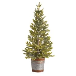 26” Pine “Natural Look” Artificial Christmas Tree With 35 Warm White Lights In Rustic Metal Planter