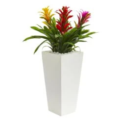 26” Triple Bromeliad Plant In White Tower Planter