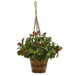 26” Variegated Holly Artificial Plant In Hanging Basket (Real Touch)
