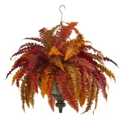 28” Autumn Boston Fern Artificial Plant In Hanging Metal Bowl