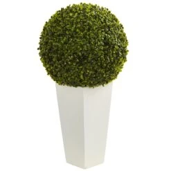 28” Boxwood Topiary Ball Artificial Plant In White Tower Planter (Indoor/Outdoor)