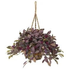 28” Fall Laurel Leaf With Berries Artificial Plant In Hanging Basket
