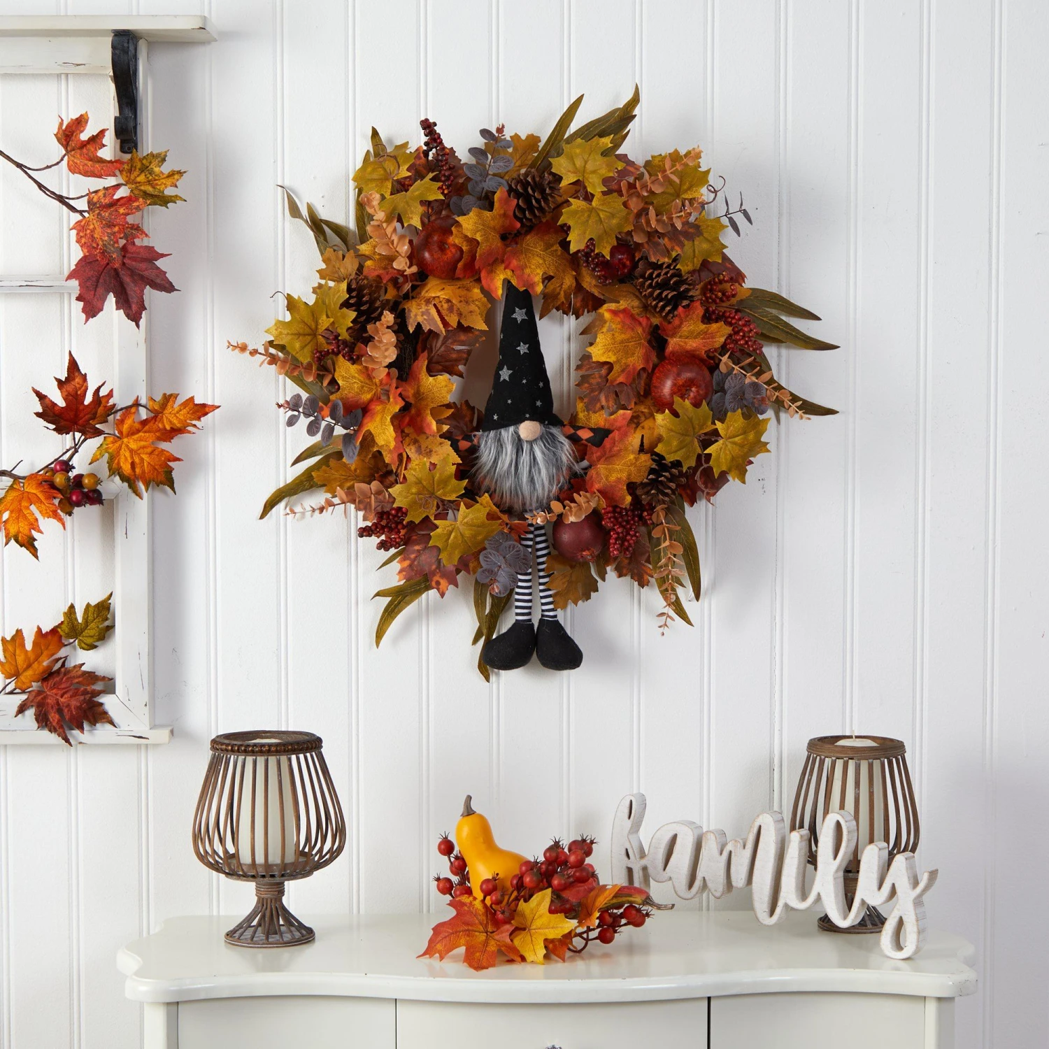 28" Harvest Fall Gnome Artificial Autumn Wreath" 4 28" Harvest Fall Gnome Artificial Autumn Wreath" - Image 4