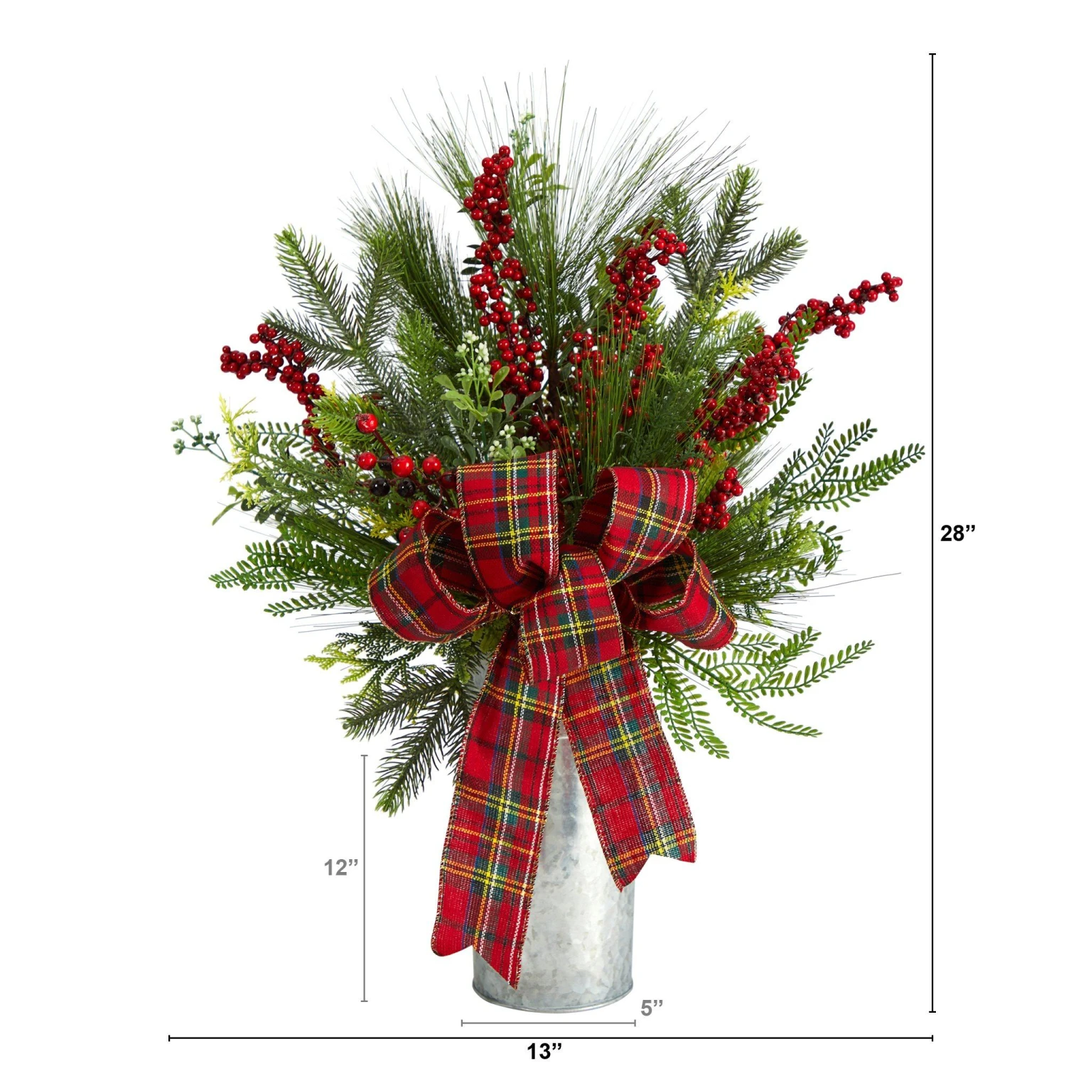 28” Holiday Winter Greenery, Berries And Plaid Bow Artificial Christmas Arrangement Home Décor 2 28” Holiday Winter Greenery, Berries And Plaid Bow Artificial Christmas Arrangement Home Décor - Image 2