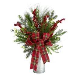 28” Holiday Winter Greenery, Berries And Plaid Bow Artificial Christmas Arrangement Home Décor