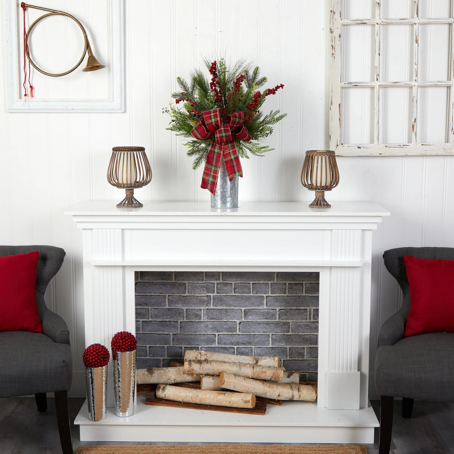 28” Holiday Winter Greenery, Berries And Plaid Bow Artificial Christmas Arrangement Home Décor 4 28” Holiday Winter Greenery, Berries And Plaid Bow Artificial Christmas Arrangement Home Décor - Image 4