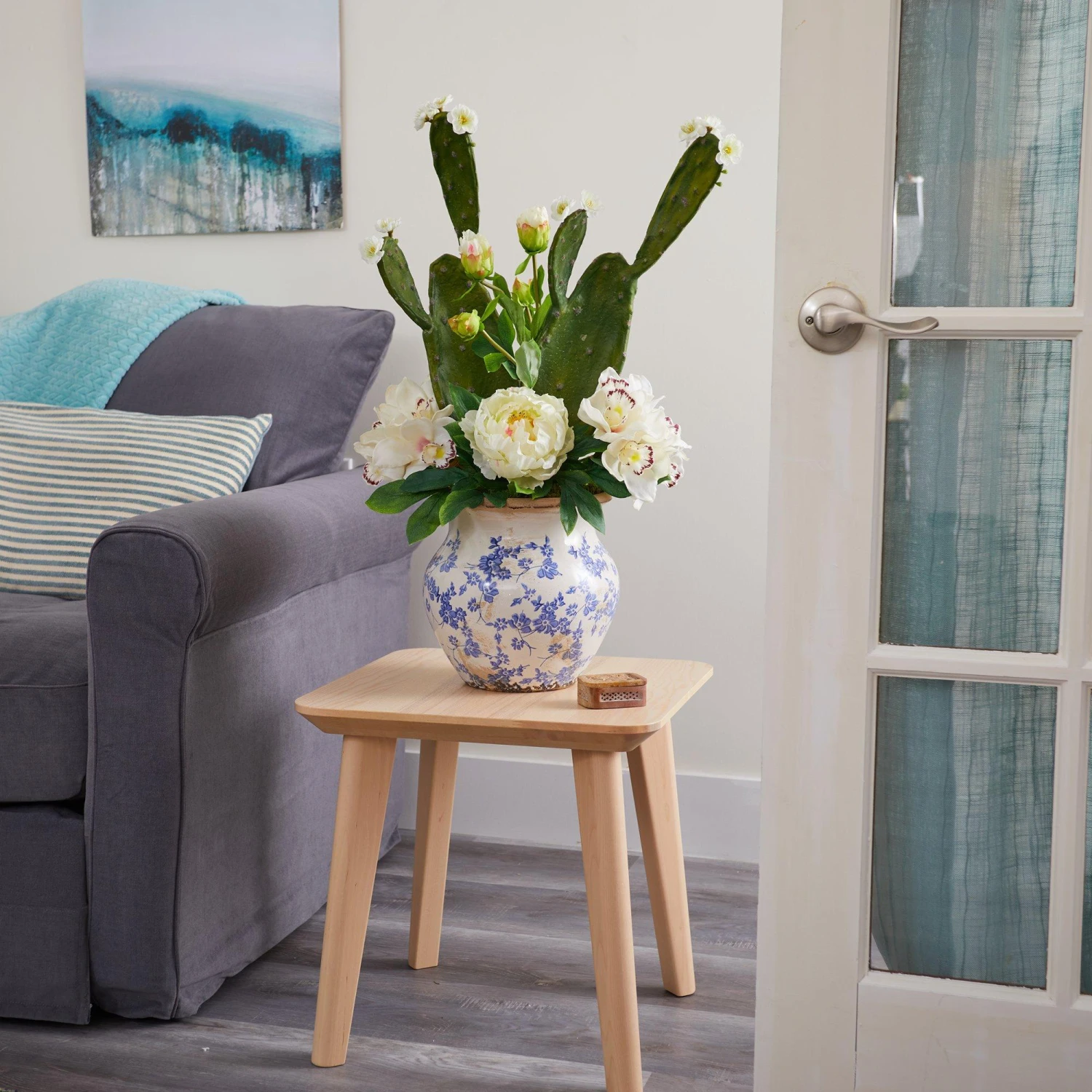 29” Cymbidium Orchid, Peony And Cactus Succulent Artificial Arrangement In Vintage Floral Vase 3 29” Cymbidium Orchid, Peony And Cactus Succulent Artificial Arrangement In Vintage Floral Vase - Image 3