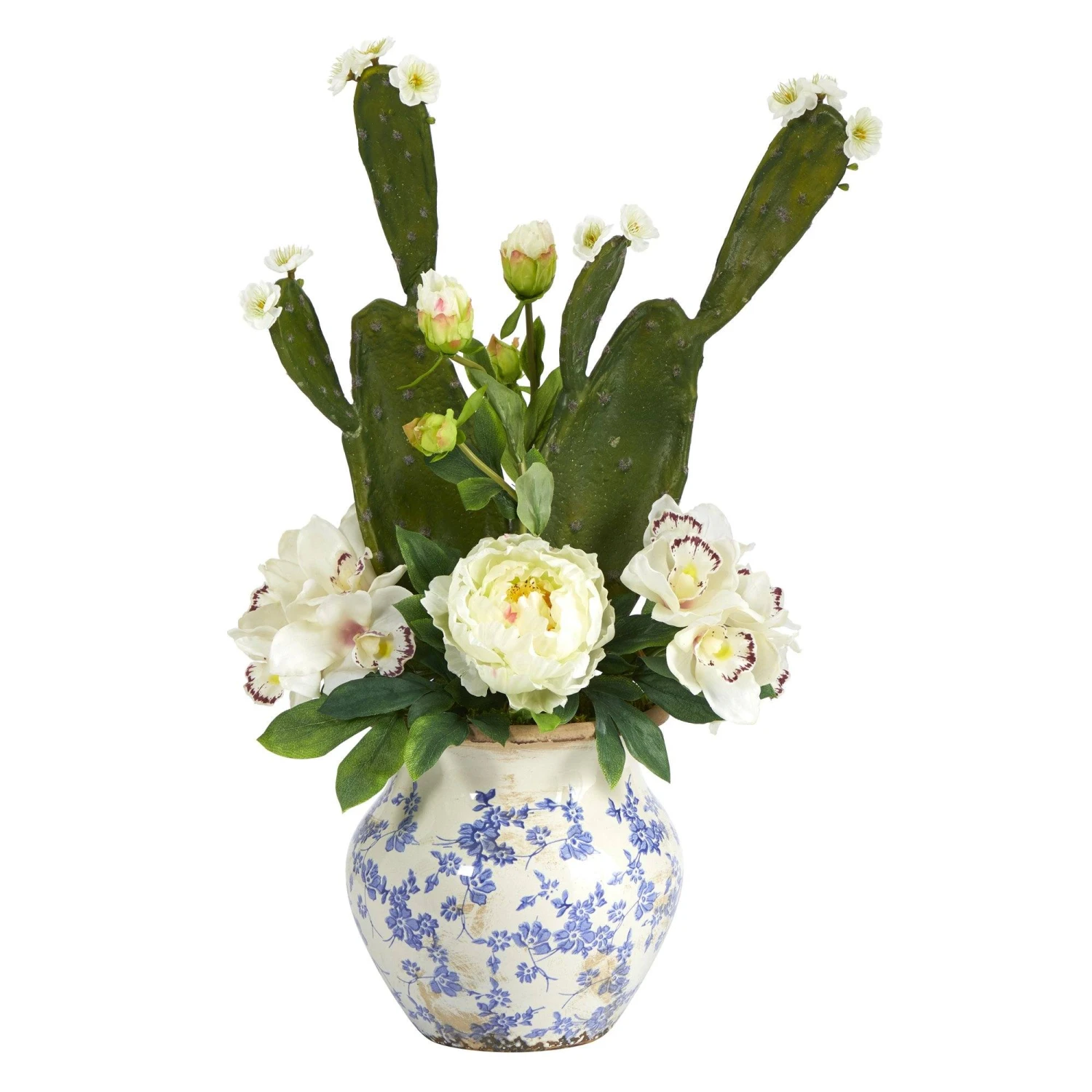 29” Cymbidium Orchid, Peony And Cactus Succulent Artificial Arrangement In Vintage Floral Vase 1 29” Cymbidium Orchid, Peony And Cactus Succulent Artificial Arrangement In Vintage Floral Vase