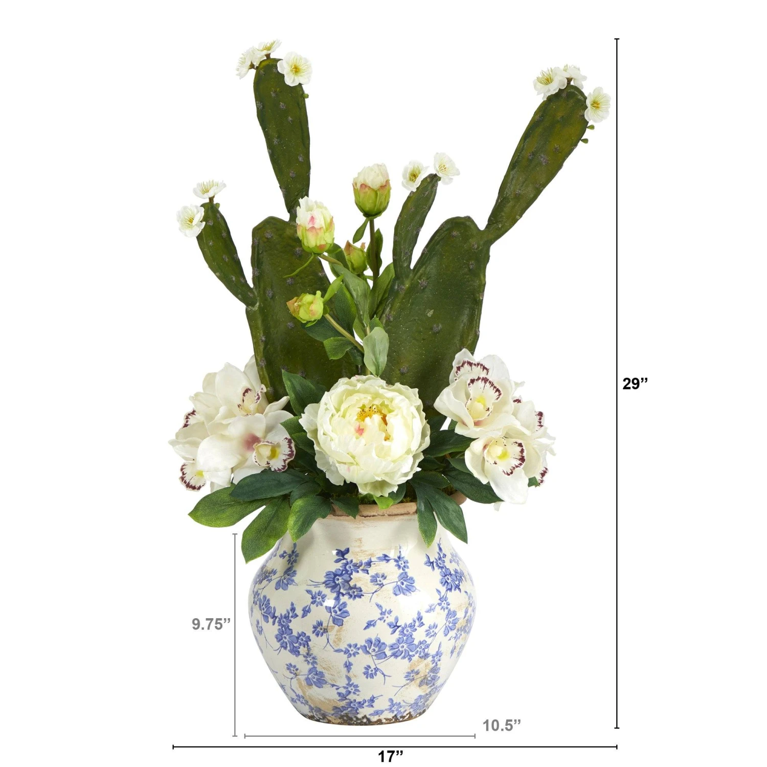 29” Cymbidium Orchid, Peony And Cactus Succulent Artificial Arrangement In Vintage Floral Vase 2 29” Cymbidium Orchid, Peony And Cactus Succulent Artificial Arrangement In Vintage Floral Vase - Image 2