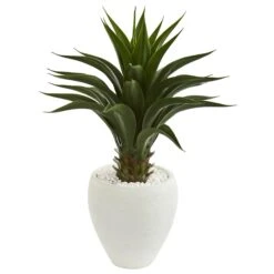 3' Artificial Smooth Agave Plant In White Planter