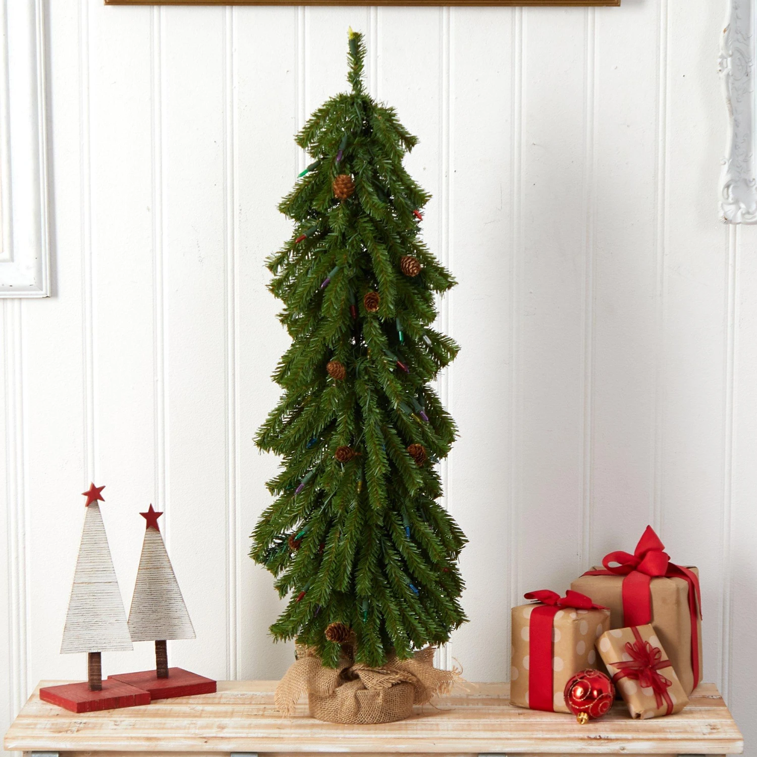 3’ Artificial Christmas Tree With Pinecones And 50 Multicolored Lights Set In A Burlap Base 8 3’ Artificial Christmas Tree With Pinecones And 50 Multicolored Lights Set In A Burlap Base - Image 8