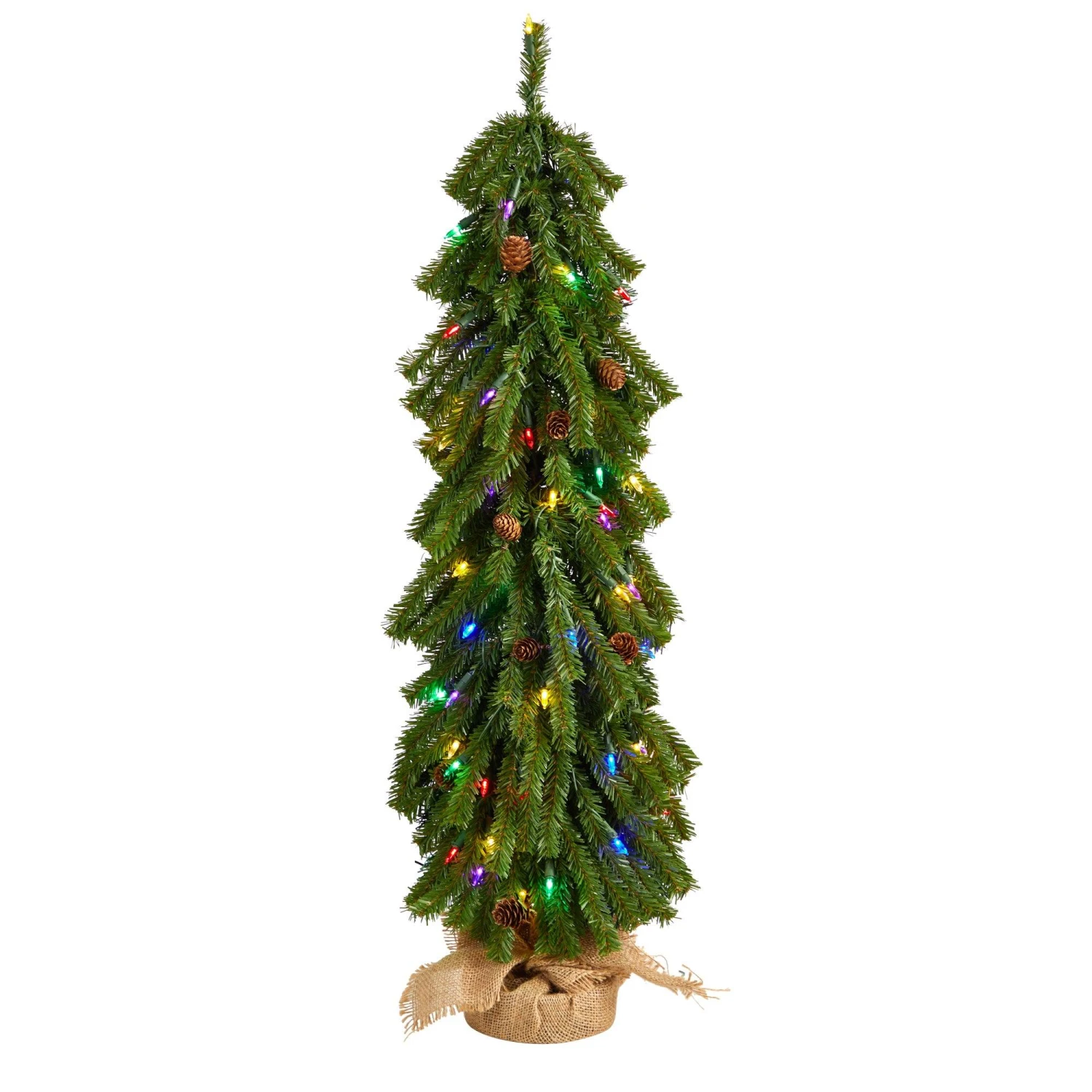 3’ Artificial Christmas Tree With Pinecones And 50 Multicolored Lights Set In A Burlap Base 1 3’ Artificial Christmas Tree With Pinecones And 50 Multicolored Lights Set In A Burlap Base