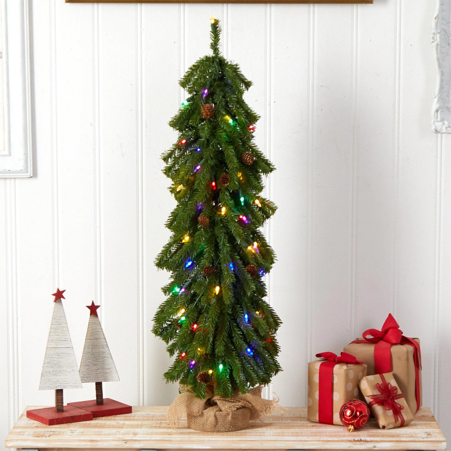 3’ Artificial Christmas Tree With Pinecones And 50 Multicolored Lights Set In A Burlap Base 7 3’ Artificial Christmas Tree With Pinecones And 50 Multicolored Lights Set In A Burlap Base - Image 7