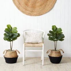 3’ Artificial Fiddle Leaf Fig Tree With Handmade Cotton & Jute Woven Planter DIY Kit - Set Of 2