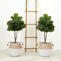 3’ Artificial Fiddle Leaf Fig Tree With Handmade Cotton & Jute Woven Planter DIY Kit - Set Of 2 -Artificial Trees Store artificial 3 artificial fiddle leaf fig tree with handmade cotton jute woven planter diy kit set of 2 nearly natural white neutral jute 296750