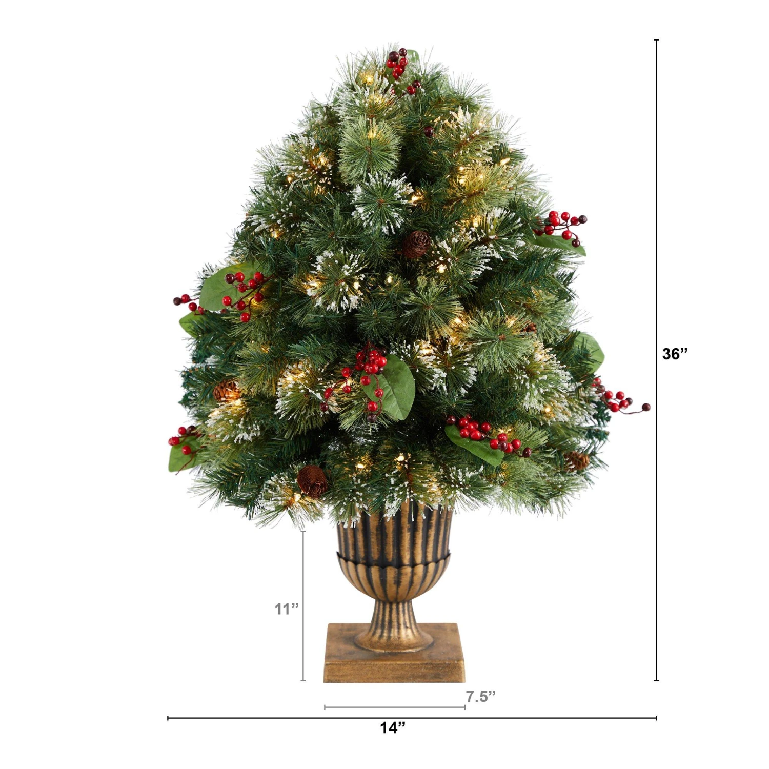 3' Holiday Pre-Lit Snow Tip Greenery, Berries And Pinecones Plant In Urn With 100 LED Lights 2 3' Holiday Pre-Lit Snow Tip Greenery, Berries And Pinecones Plant In Urn With 100 LED Lights - Image 2