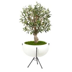 3’ Olive Artificial Tree In White Planter With Metal Stand
