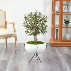 3’ Olive Artificial Tree In White Planter With Metal Stand -Artificial Trees Store artificial 3 olive artificial tree in white planter with metal stand nearly natural 866594