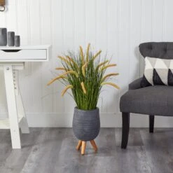 3’ Onion Grass Artificial Plant In Gray Planter With Stand -Artificial Trees Store artificial 3 onion grass artificial plant in gray planter with stand nearly natural 458605