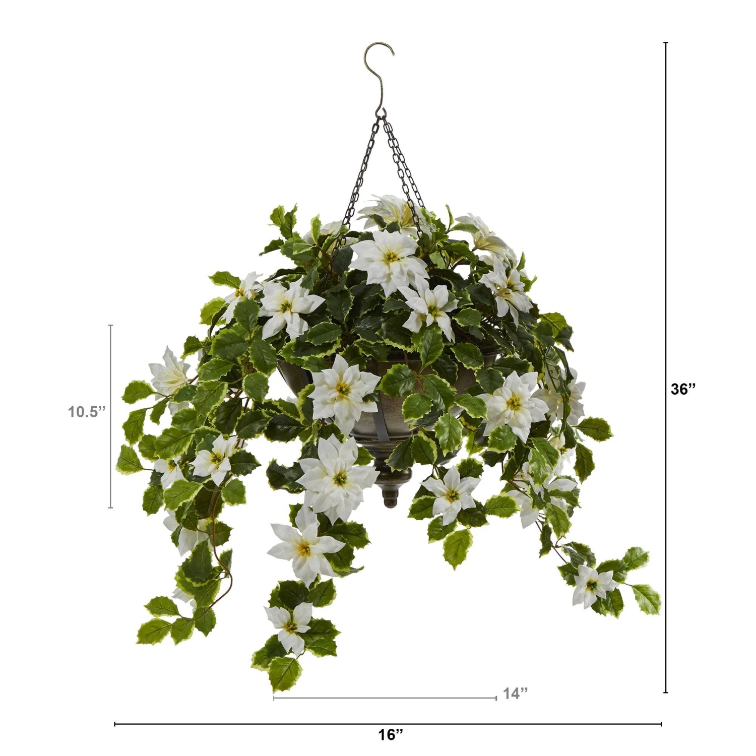 3’ Poinsettia And Variegated Holly Artificial Plant In Metal Hanging Bowl (Real Touch) 4 3’ Poinsettia And Variegated Holly Artificial Plant In Metal Hanging Bowl (Real Touch) - Image 4