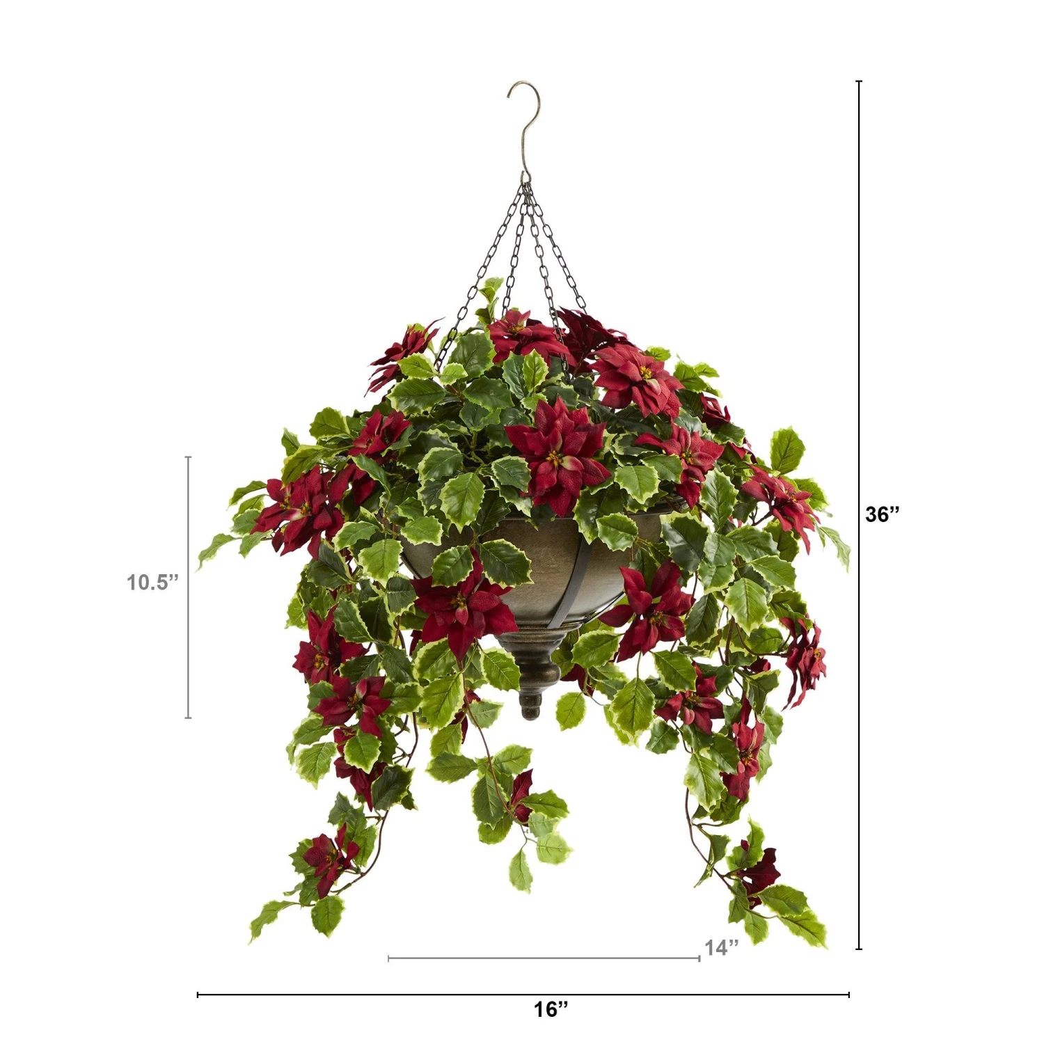 3’ Poinsettia And Variegated Holly Artificial Plant In Metal Hanging Bowl (Real Touch) 2 3’ Poinsettia And Variegated Holly Artificial Plant In Metal Hanging Bowl (Real Touch) - Image 2