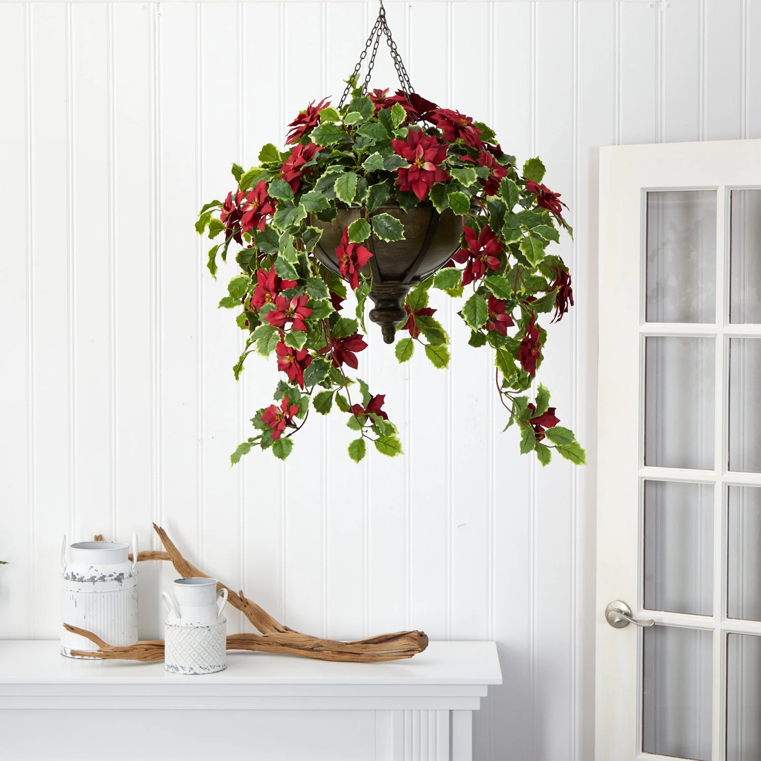 3’ Poinsettia And Variegated Holly Artificial Plant In Metal Hanging Bowl (Real Touch) 5 3’ Poinsettia And Variegated Holly Artificial Plant In Metal Hanging Bowl (Real Touch) - Image 5