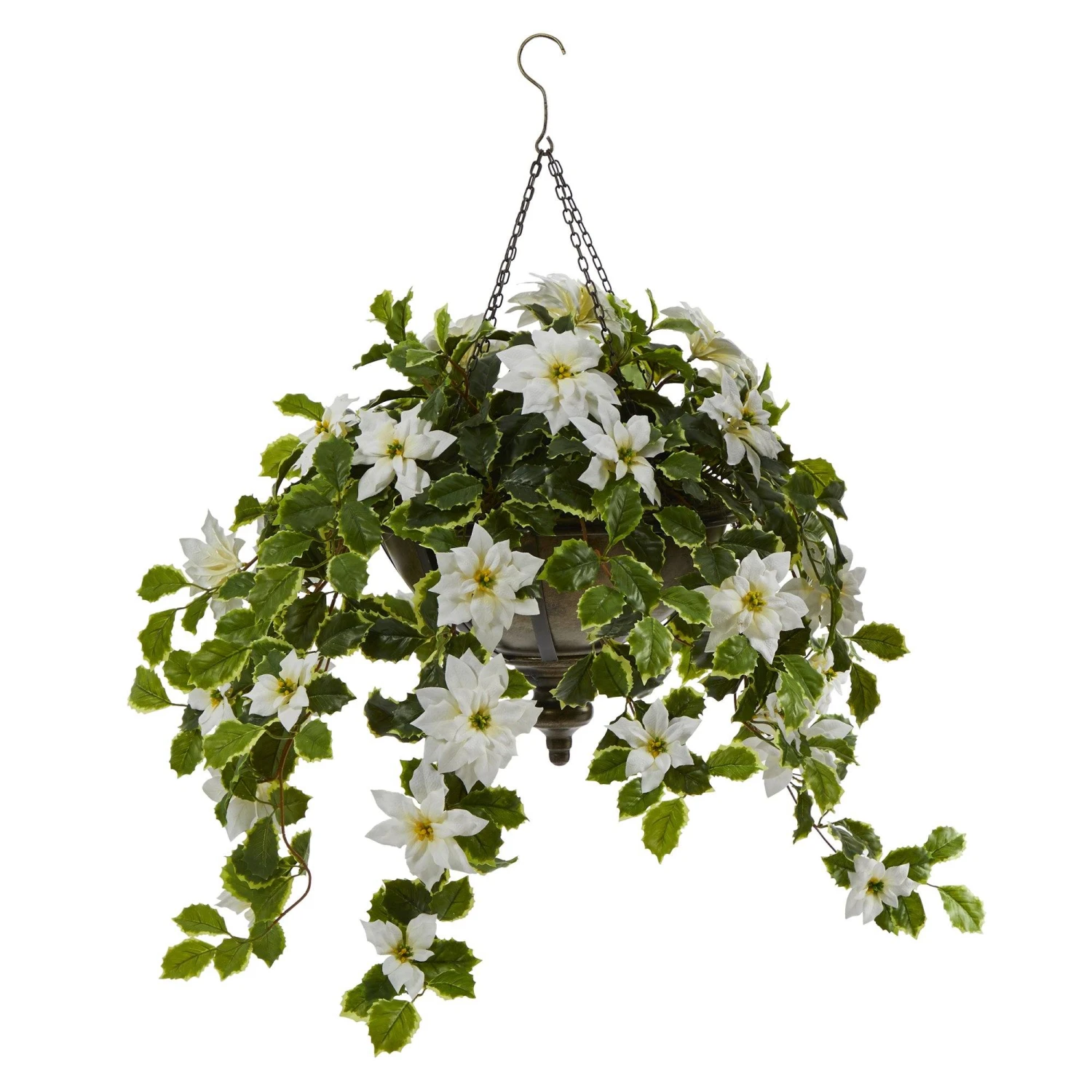 3’ Poinsettia And Variegated Holly Artificial Plant In Metal Hanging Bowl (Real Touch) 3 3’ Poinsettia And Variegated Holly Artificial Plant In Metal Hanging Bowl (Real Touch) - Image 3