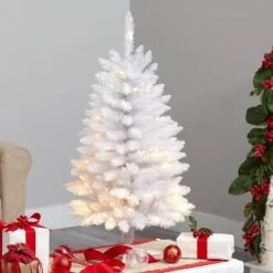 3’ Slim White Artificial Christmas Tree With 50 Warm White LED Lights And 161 Bendable Branches -Artificial Trees Store artificial 3 slim white artificial christmas tree with 50 warm white led lights and 161 bendable branches nearly natural 466625