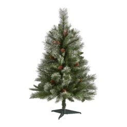 3’ Snowed French Alps Mountain Pine Artificial Christmas Tree With 135 Bendable Branches And Pine Cones